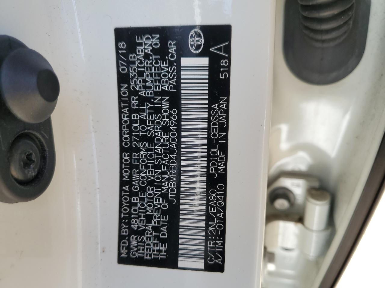 2018 Toyota Mirai VIN: JTDBVRBD4JA004966 Lot: 54760415