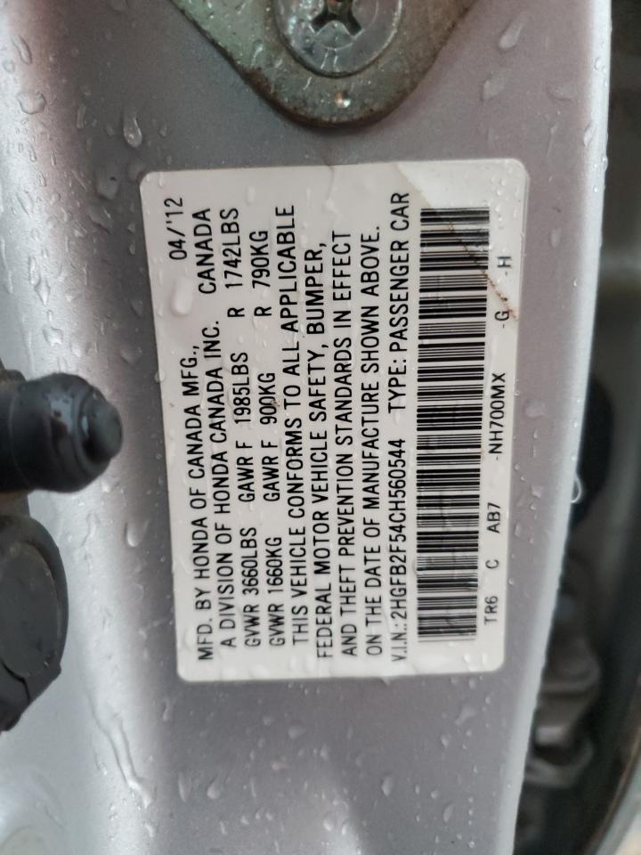 2012 Honda Civic Lx VIN: 2HGFB2F54CH560544 Lot: 55184635