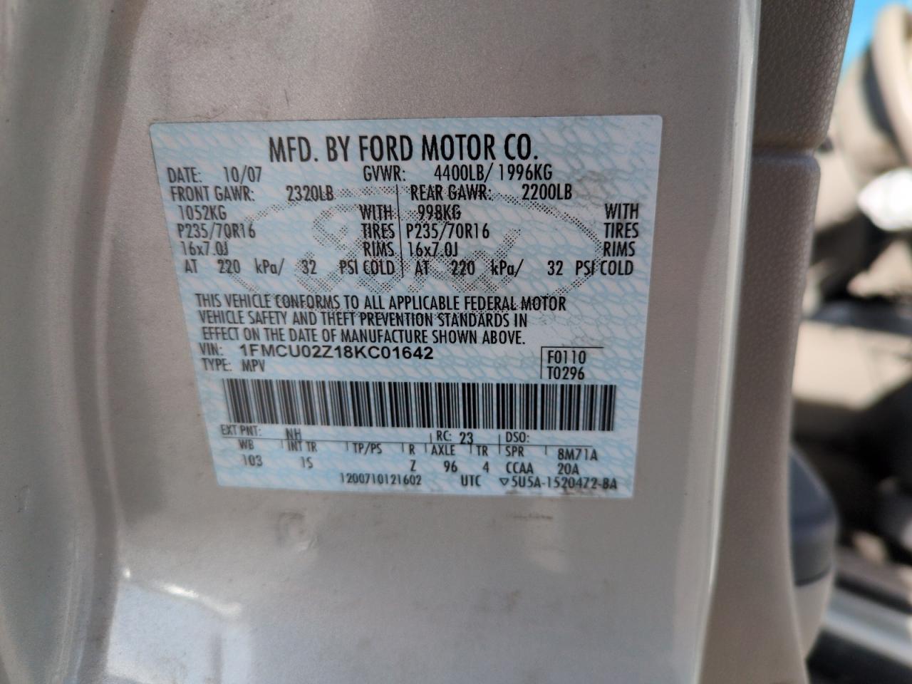2008 Ford Escape Xls VIN: 1FMCU02Z18KC01642 Lot: 53728905