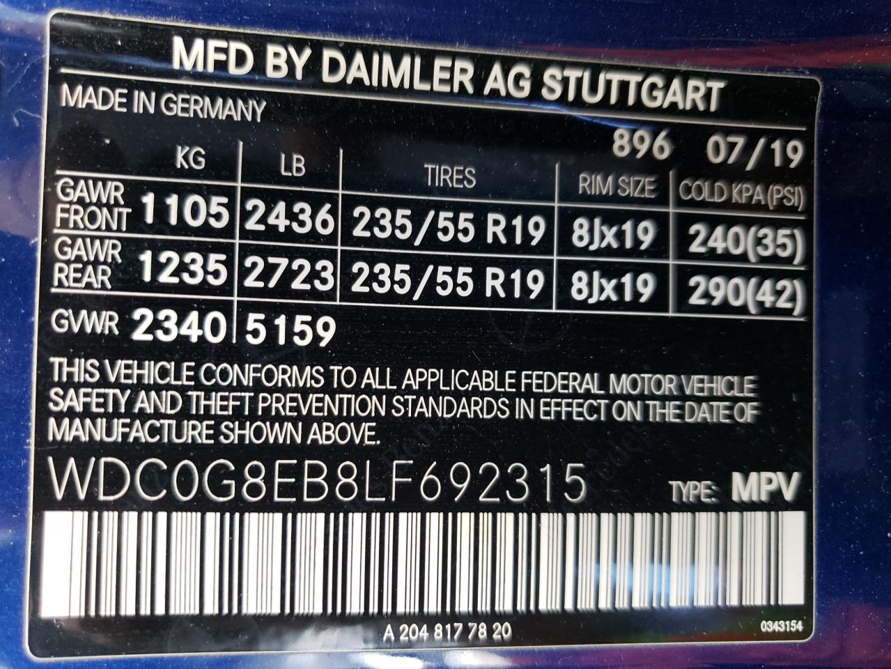 WDC0G8EB8LF692315 2020 Mercedes-Benz Glc 300 4Matic