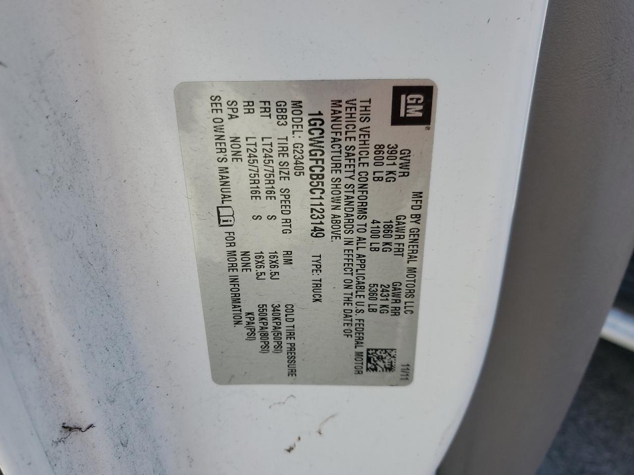 2012 Chevrolet Express G2500 VIN: 1GCWGFCB5C1123149 Lot: 51230295