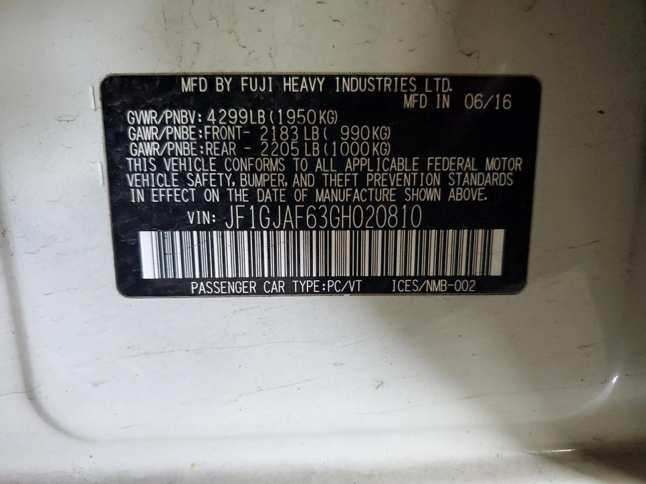 2016 Subaru Impreza Premium Plus VIN: JF1GJAF63GH020810 Lot: 54984705