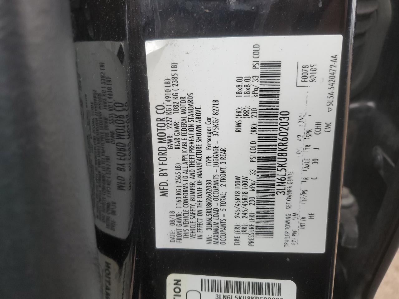 2019 Lincoln Mkz VIN: 3LN6L5KU8KR602030 Lot: 53932315