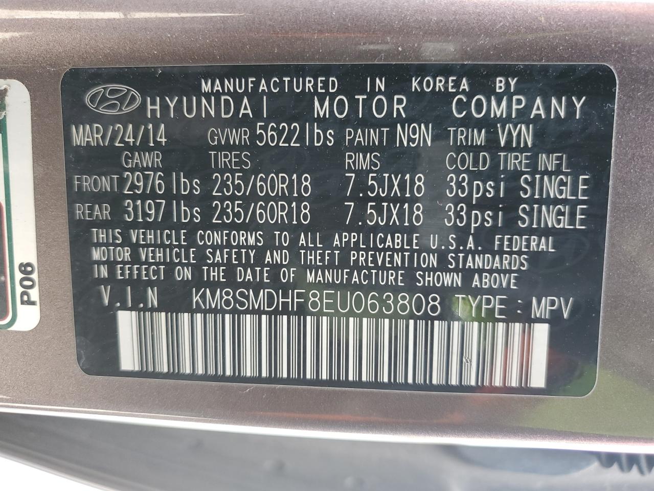 2014 Hyundai Santa Fe Gls VIN: KM8SMDHF8EU063808 Lot: 55119285