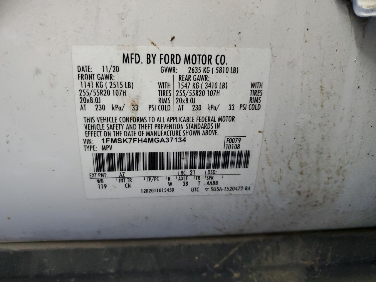2021 Ford Explorer Limited VIN: 1FMSK7FH4MGA37134 Lot: 53075165