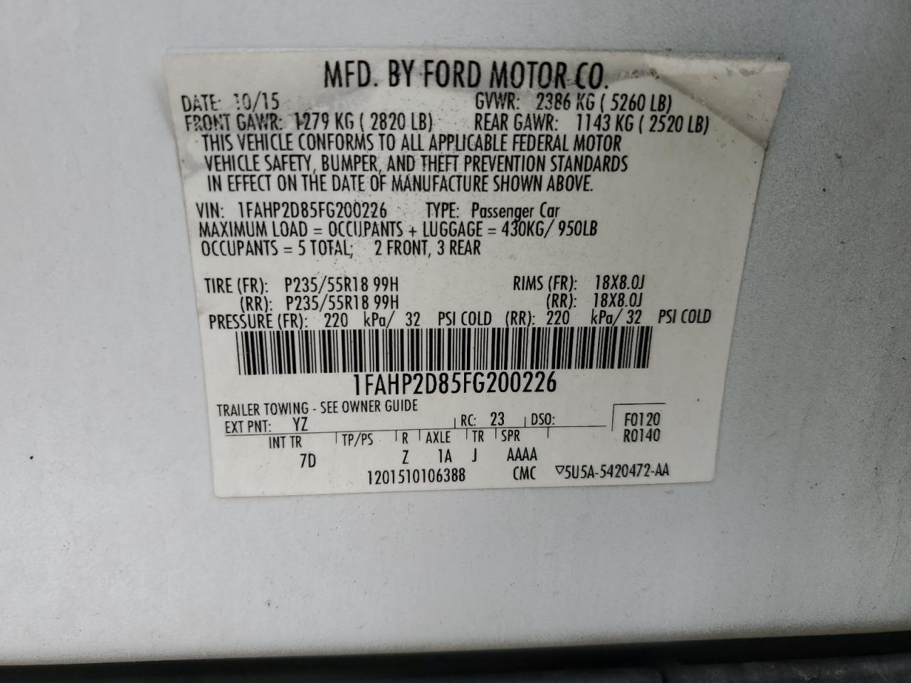 2015 Ford Taurus Se VIN: 1FAHP2D85FG200226 Lot: 53987175