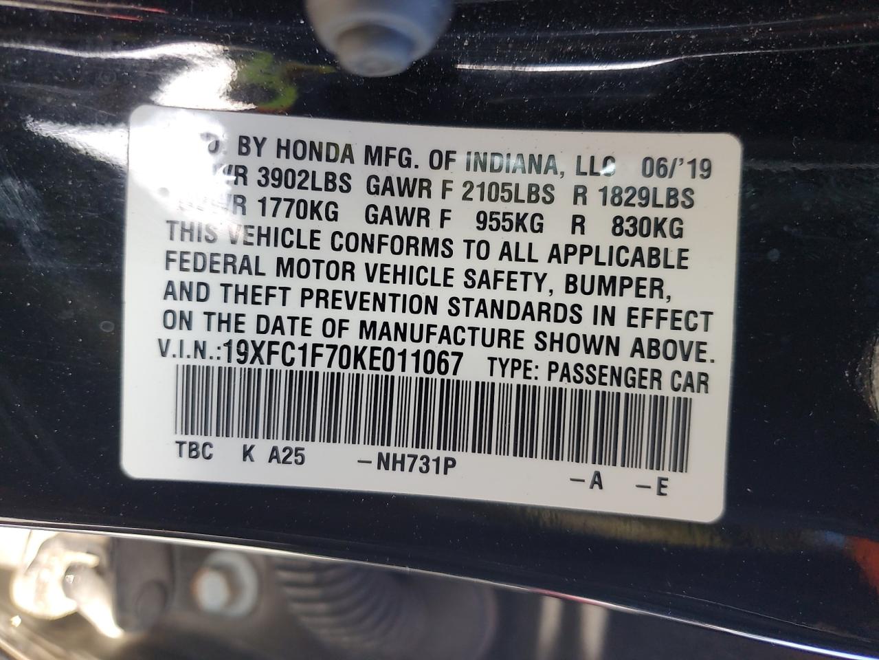 2019 Honda Civic Exl VIN: 19XFC1F70KE011067 Lot: 54440465