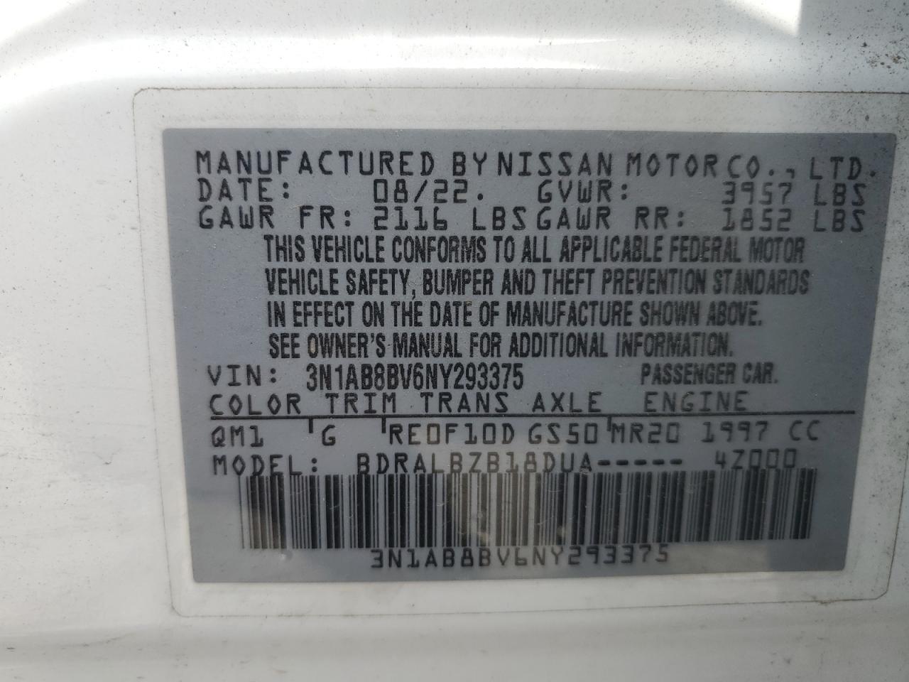 2022 Nissan Sentra S VIN: 3N1AB8BV6NY293375 Lot: 52699065