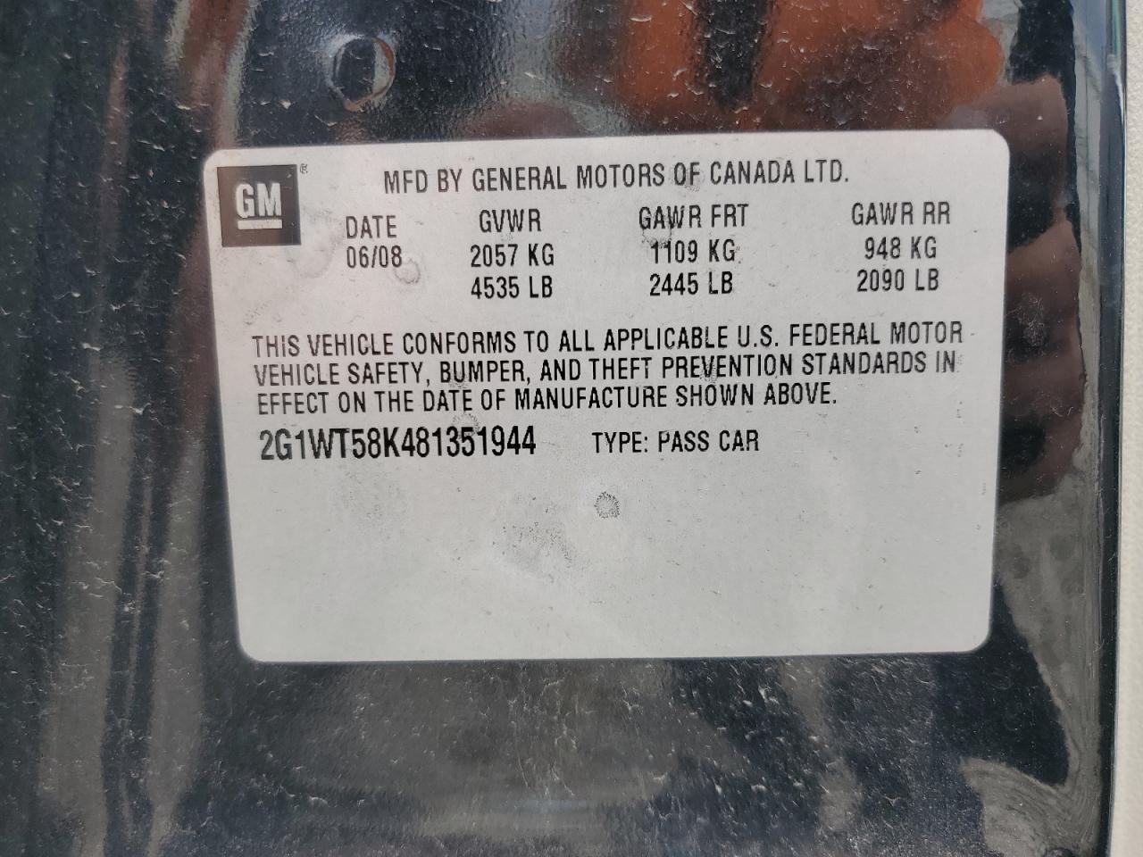 2008 Chevrolet Impala Lt VIN: 2G1WT58K481351944 Lot: 51819225