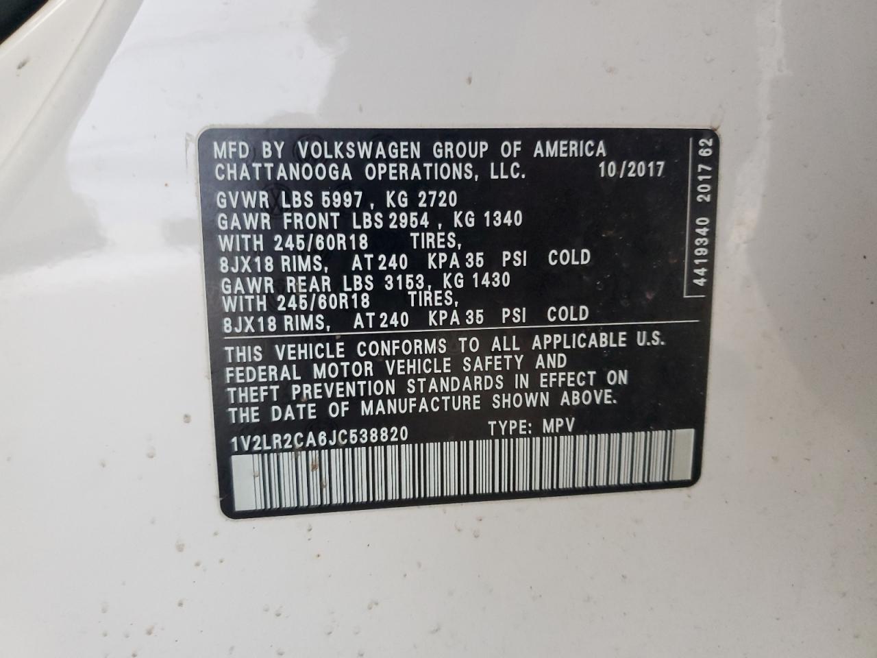 2018 Volkswagen Atlas Se VIN: 1V2LR2CA6JC538820 Lot: 54716215