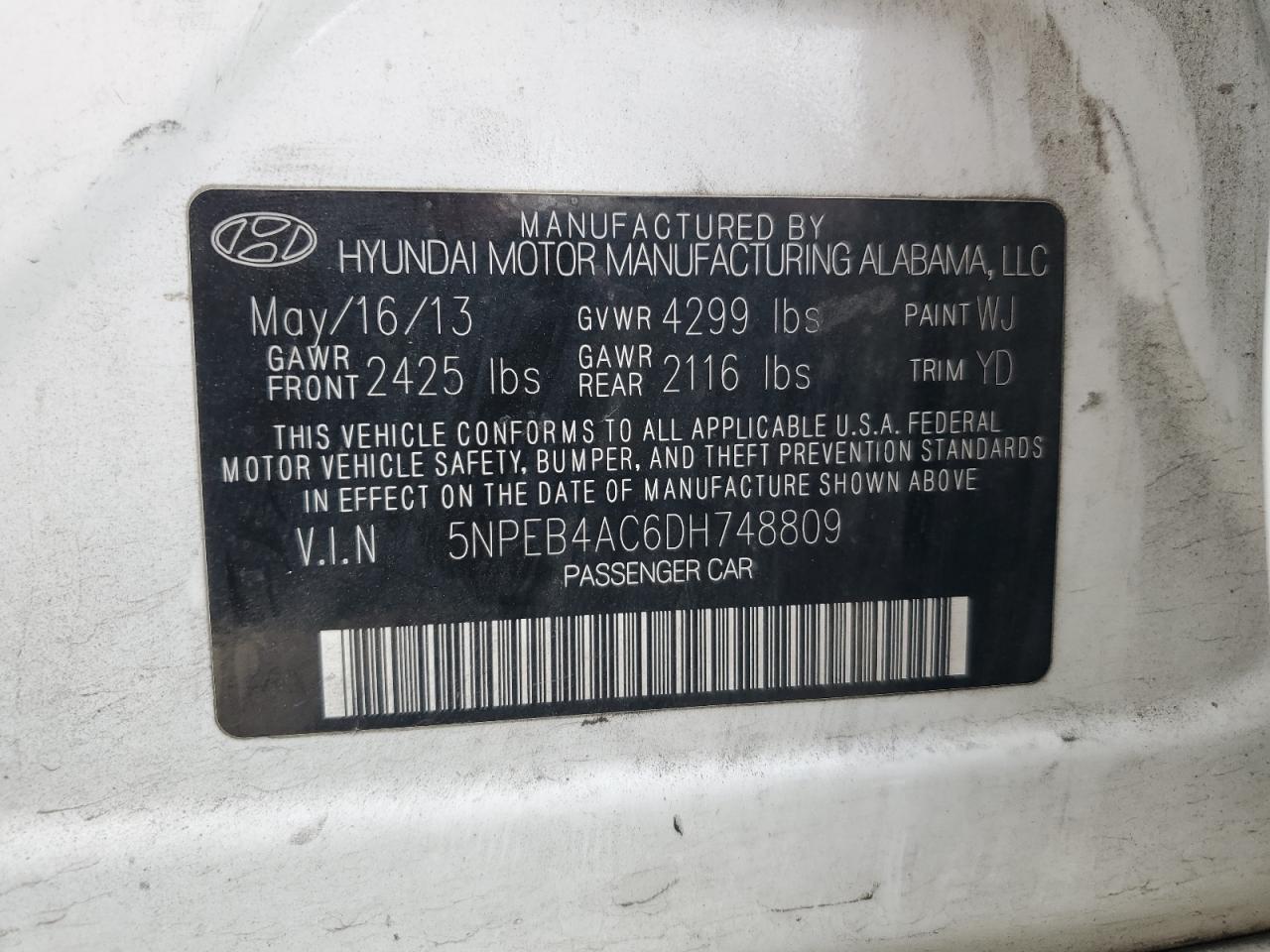 2013 Hyundai Sonata Gls VIN: 5NPEB4AC6DH748809 Lot: 54975875