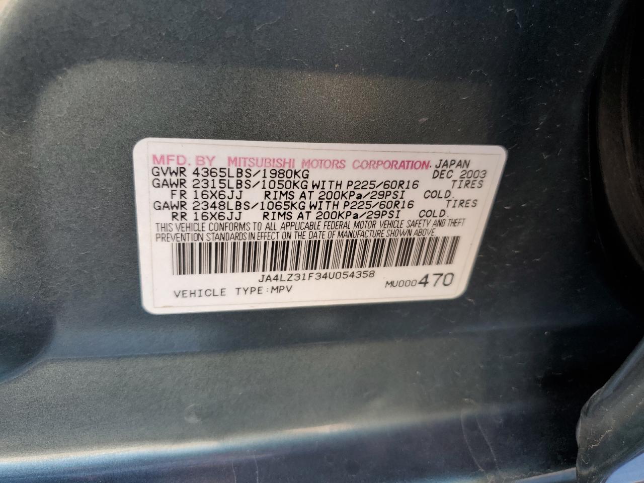 2004 Mitsubishi Outlander Ls VIN: JA4LZ31F34U054358 Lot: 54199805