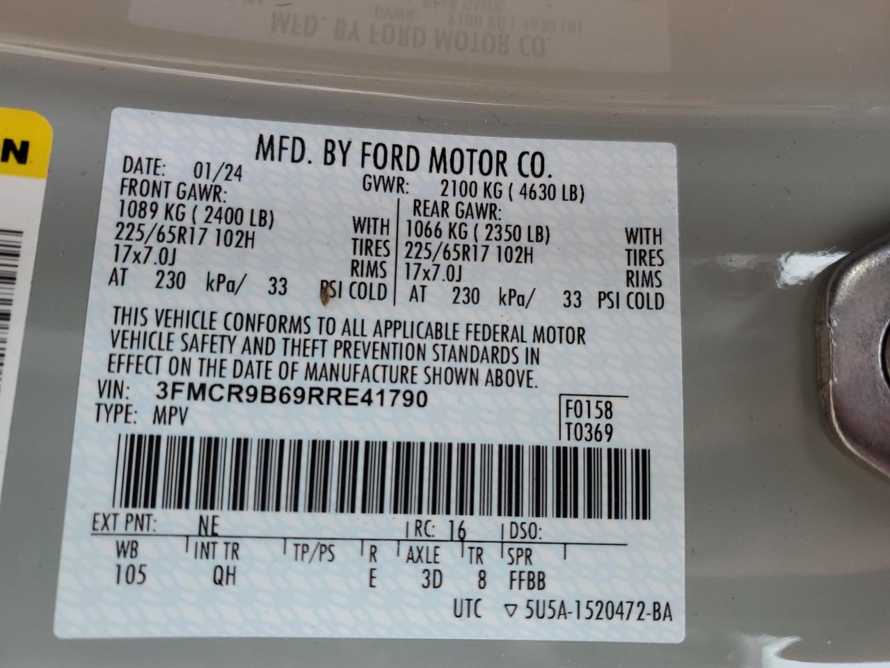2024 Ford Bronco Sport Big Bend VIN: 3FMCR9B69RRE41790 Lot: 53444385