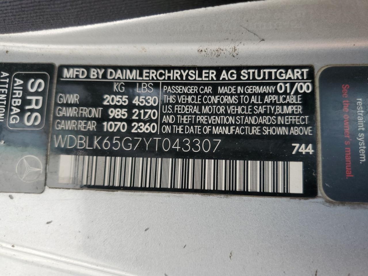 2000 Mercedes-Benz Clk 320 VIN: WDBLK65G7YT043307 Lot: 53749105