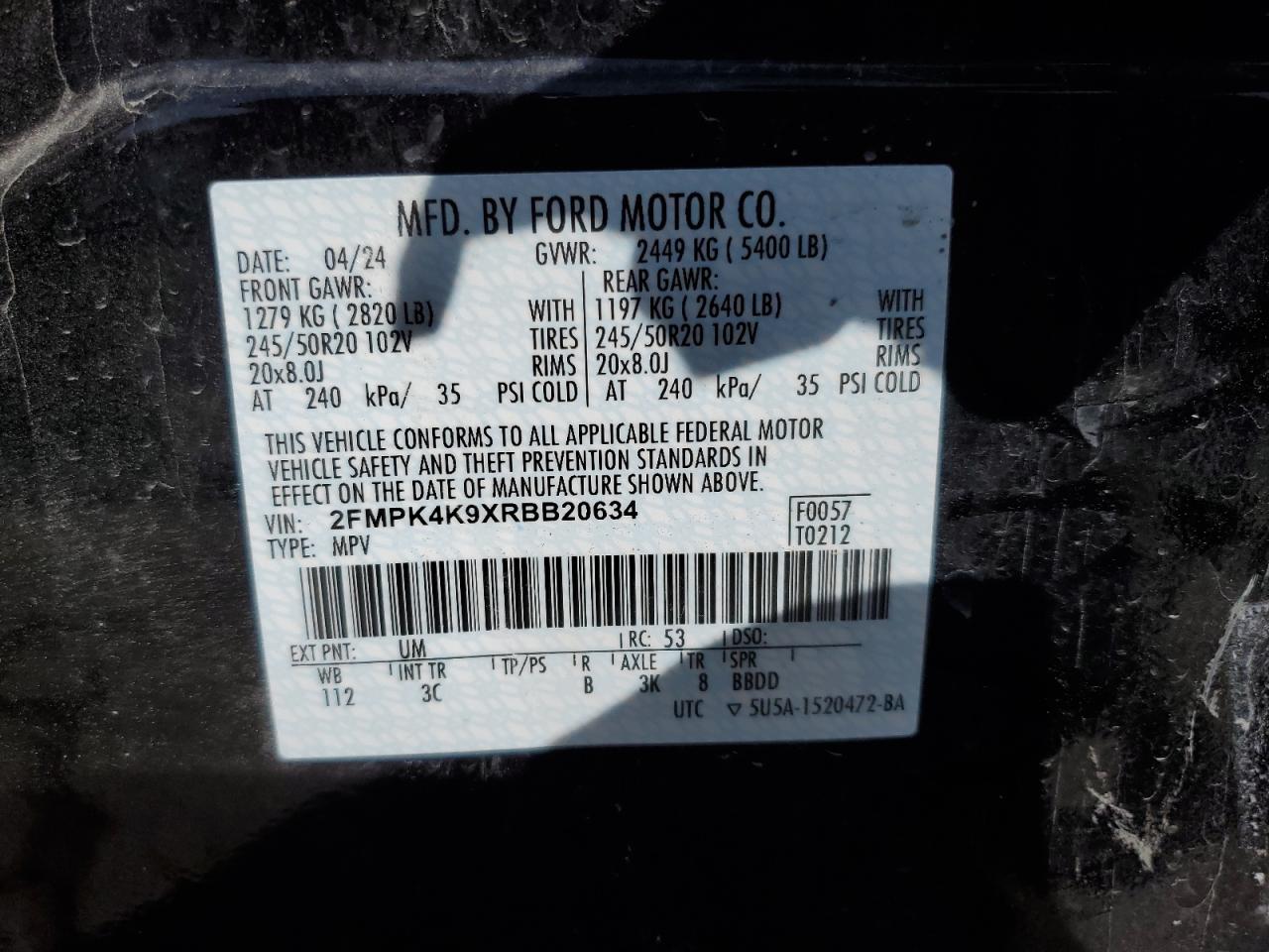 2024 Ford Edge Titanium VIN: 2FMPK4K9XRBB20634 Lot: 53652645