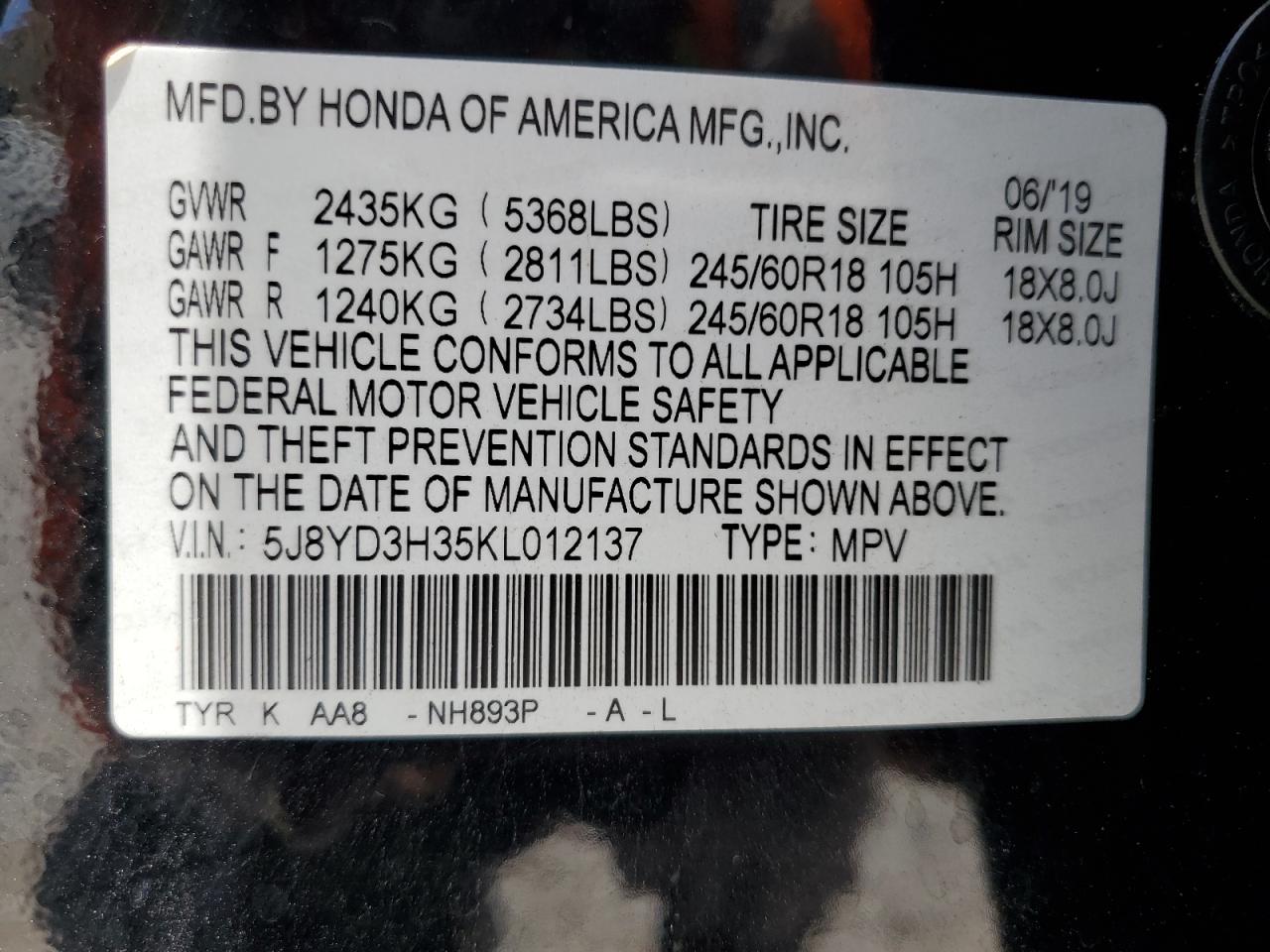 2019 Acura Mdx VIN: 5J8YD3H35KL012137 Lot: 53526805