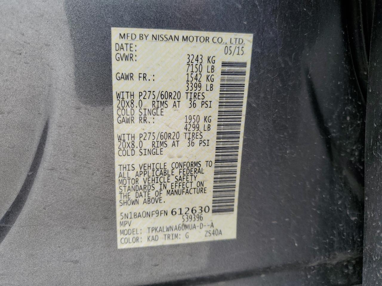 2015 Nissan Armada Platinum VIN: 5N1BA0NF9FN612630 Lot: 54247275