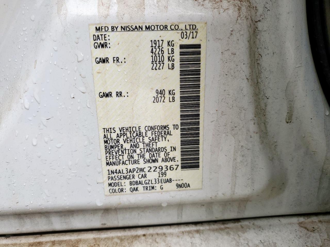 2017 Nissan Altima 2.5 VIN: 1N4AL3AP2HC229367 Lot: 54389155