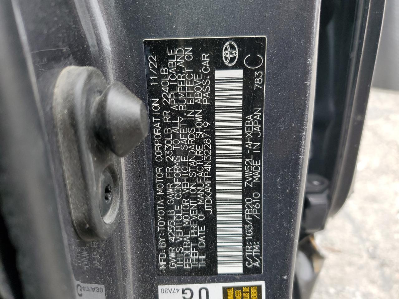 2022 Toyota Prius Prime Le VIN: JTDKAMFP4N3228719 Lot: 53581015