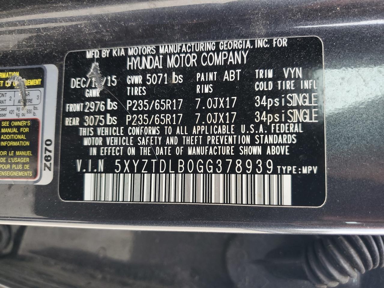 2016 Hyundai Santa Fe Sport VIN: 5XYZTDLB0GG378939 Lot: 54770495