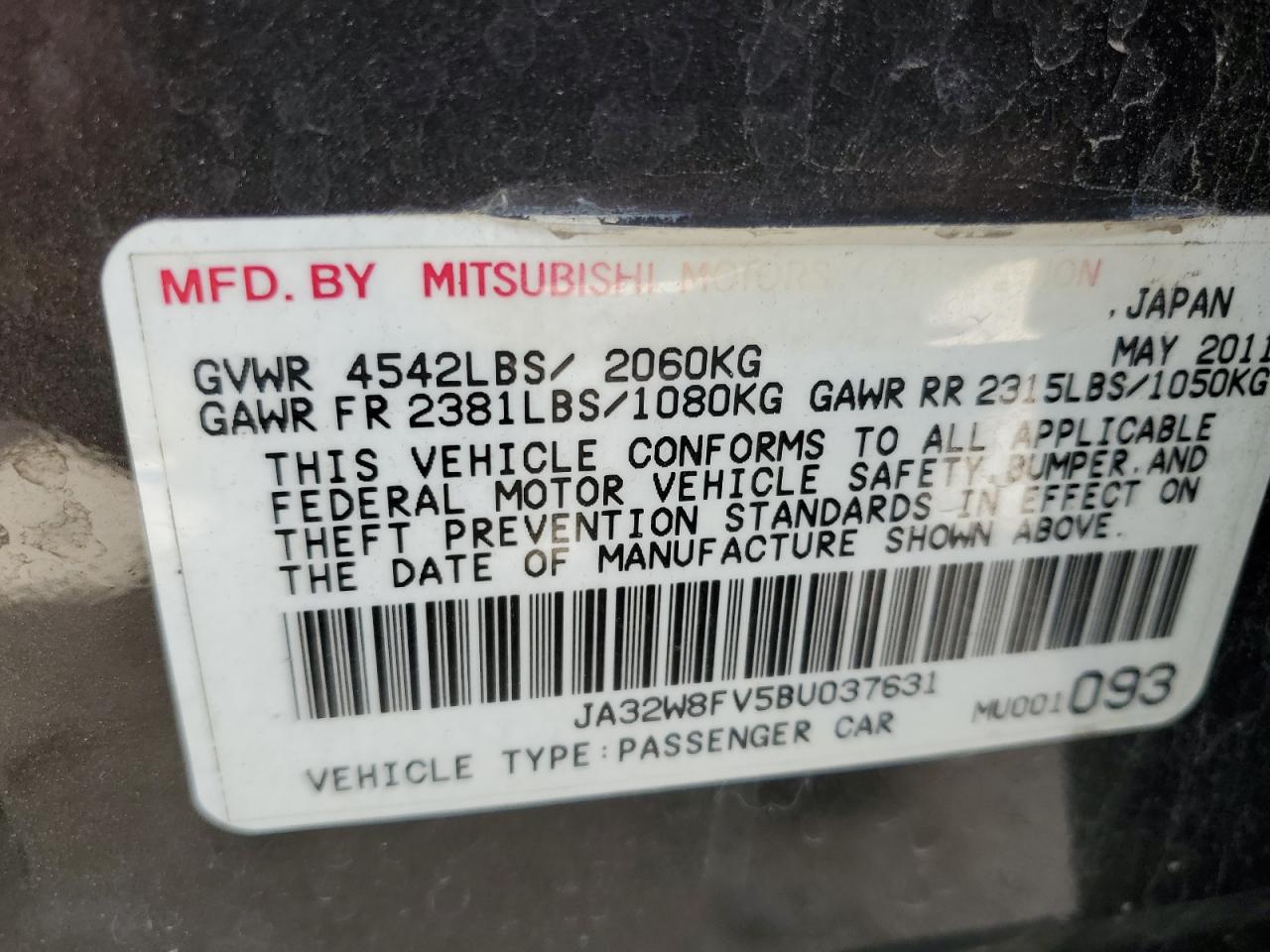 2011 Mitsubishi Lancer Evolution Gsr VIN: JA32W8FV5BU037631 Lot: 53474325