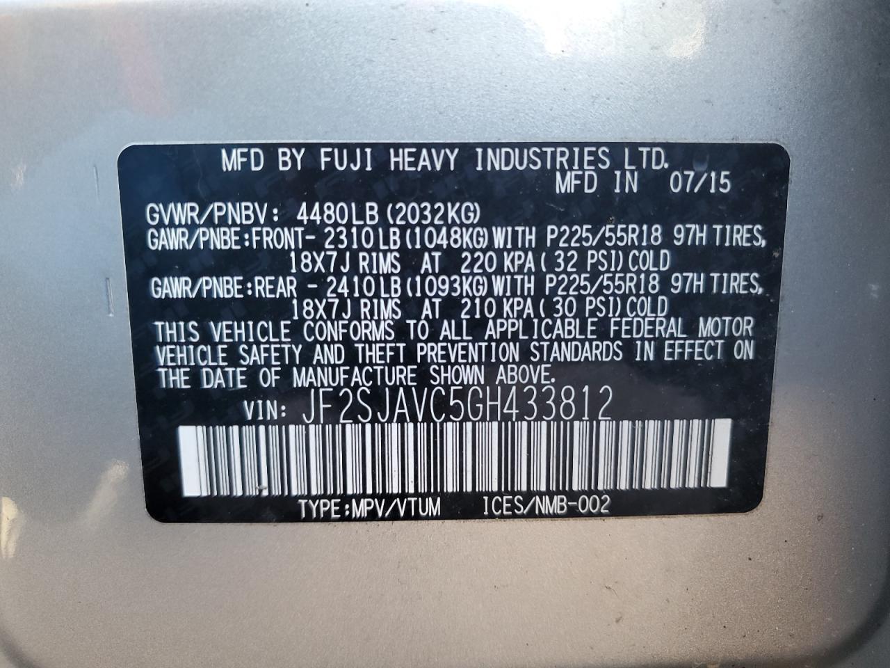 2016 Subaru Forester 2.5I Touring VIN: JF2SJAVC5GH433812 Lot: 65391545