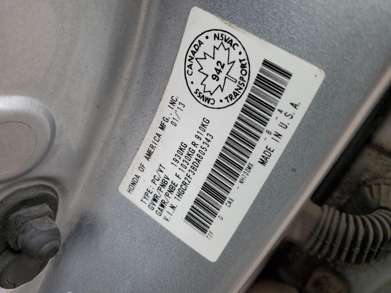 2013 Honda Accord Lx VIN: 1HGCR2F38DA805343 Lot: 53491345