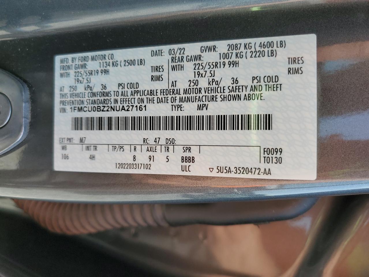 2022 Ford Escape Se VIN: 1FMCU0BZ2NUA27161 Lot: 52973285
