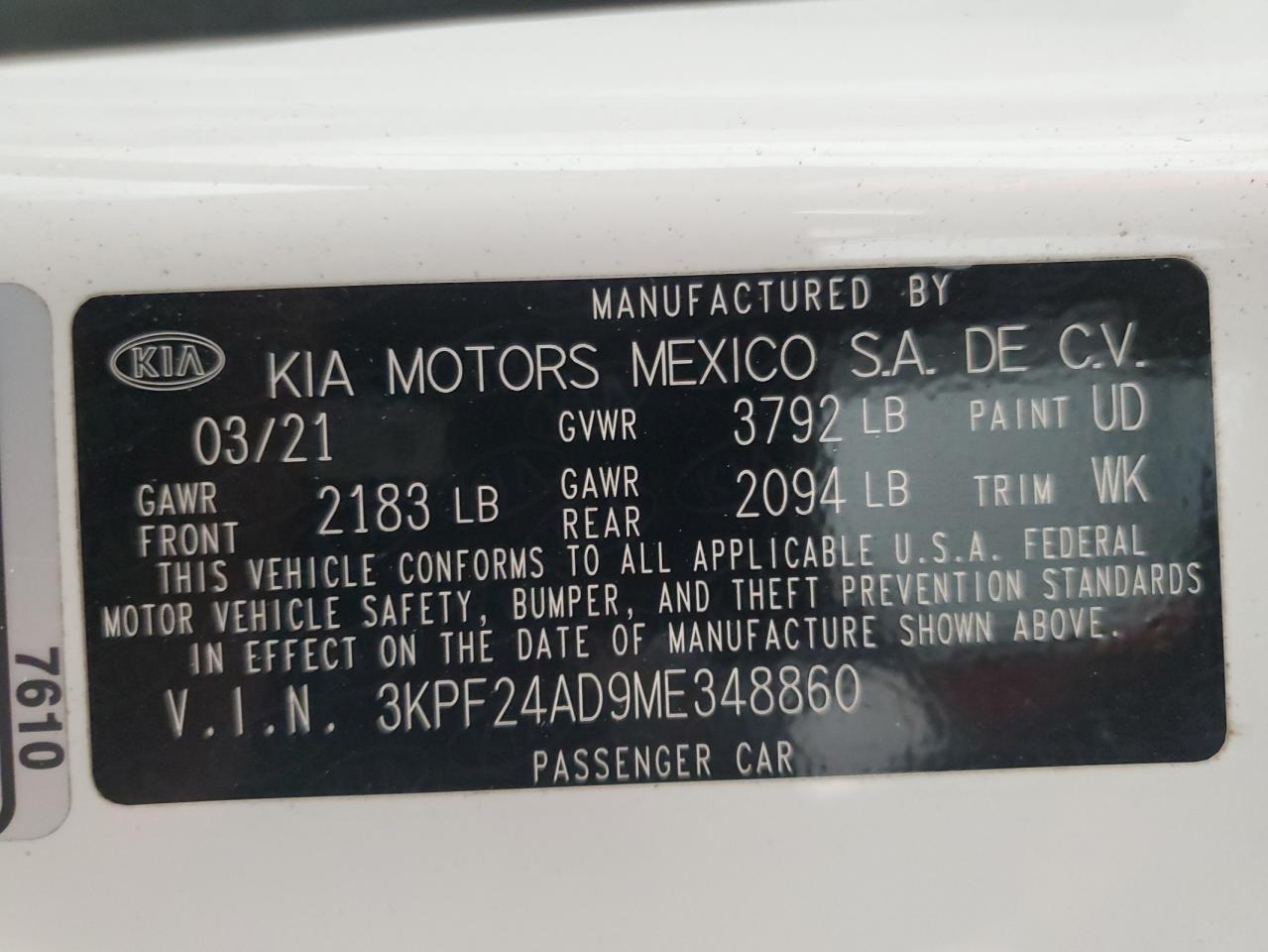 2021 Kia Forte Fe VIN: 3KPF24AD9ME348860 Lot: 53558965