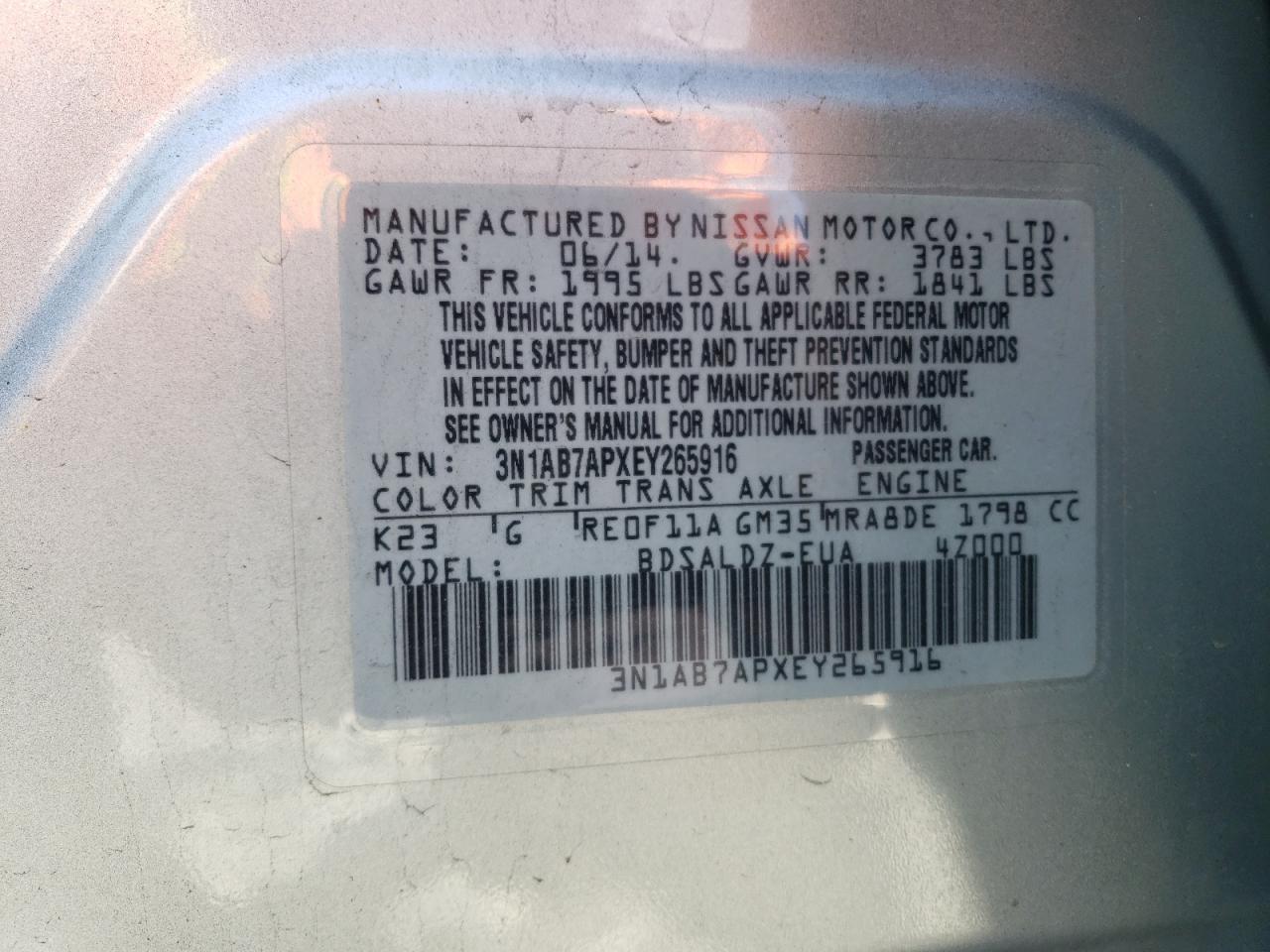 2014 Nissan Sentra S VIN: 3N1AB7APXEY265916 Lot: 54107675
