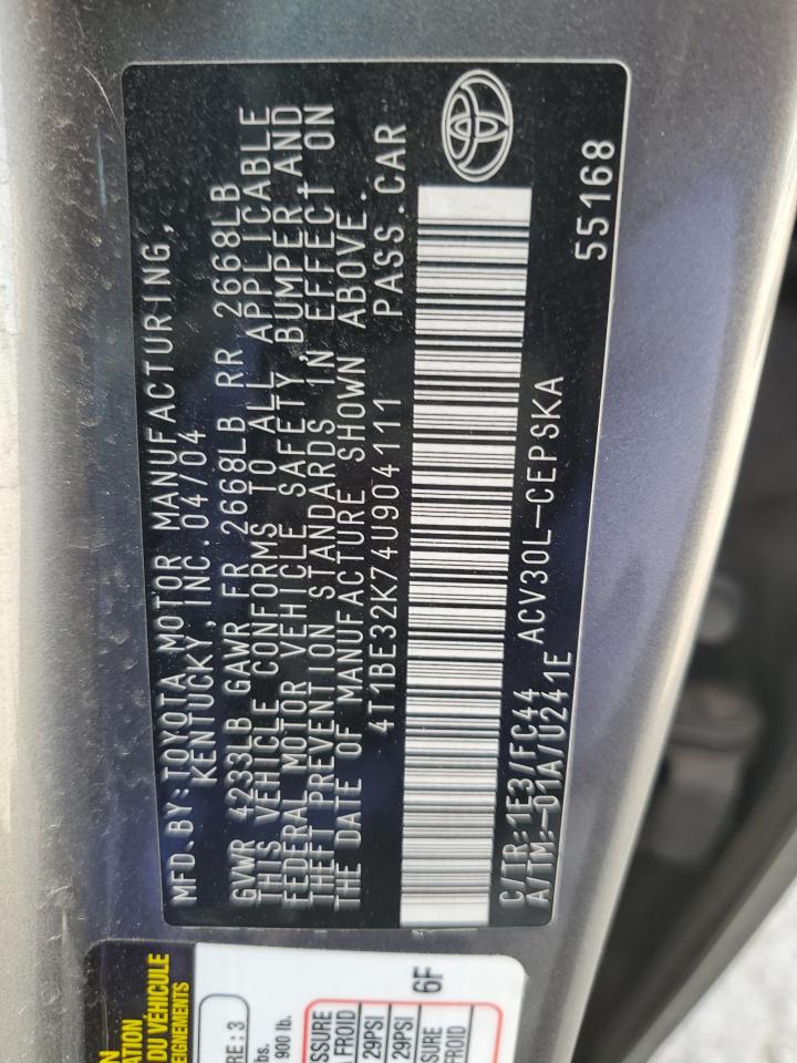 2004 Toyota Camry Le VIN: 4T1BE32K74U904111 Lot: 54249425
