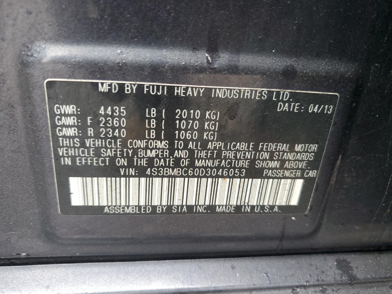 2013 Subaru Legacy 2.5I Premium VIN: 4S3BMBC60D3046053 Lot: 51406815
