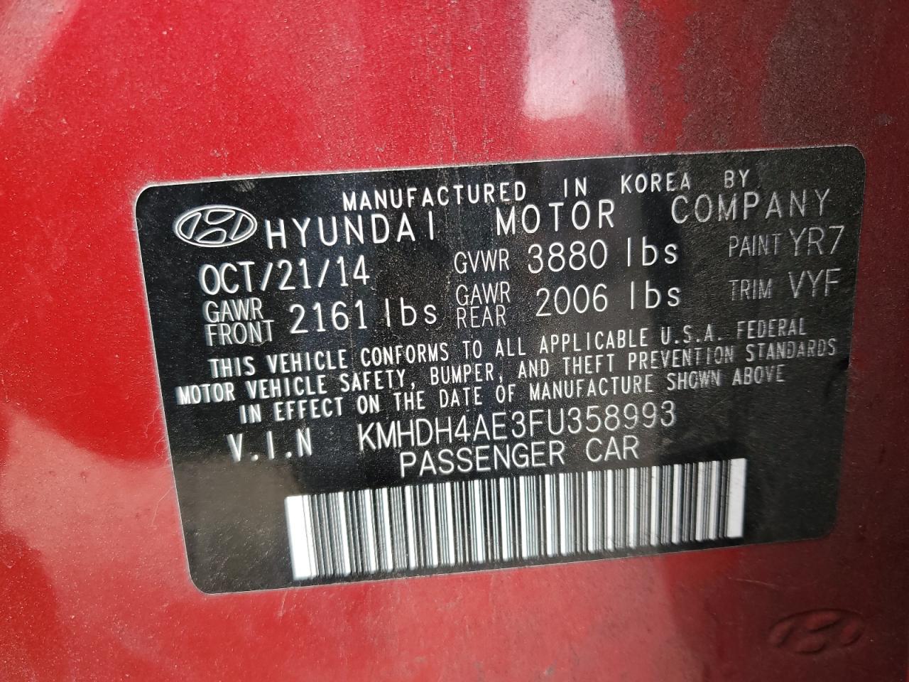 2015 Hyundai Elantra Se VIN: KMHDH4AE3FU358993 Lot: 54079595