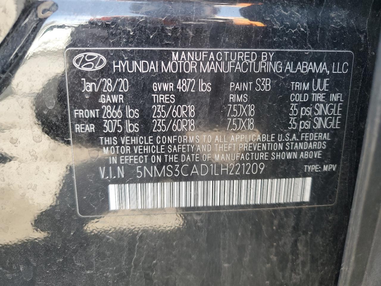 2020 Hyundai Santa Fe Sel VIN: 5NMS3CAD1LH221209 Lot: 53868465