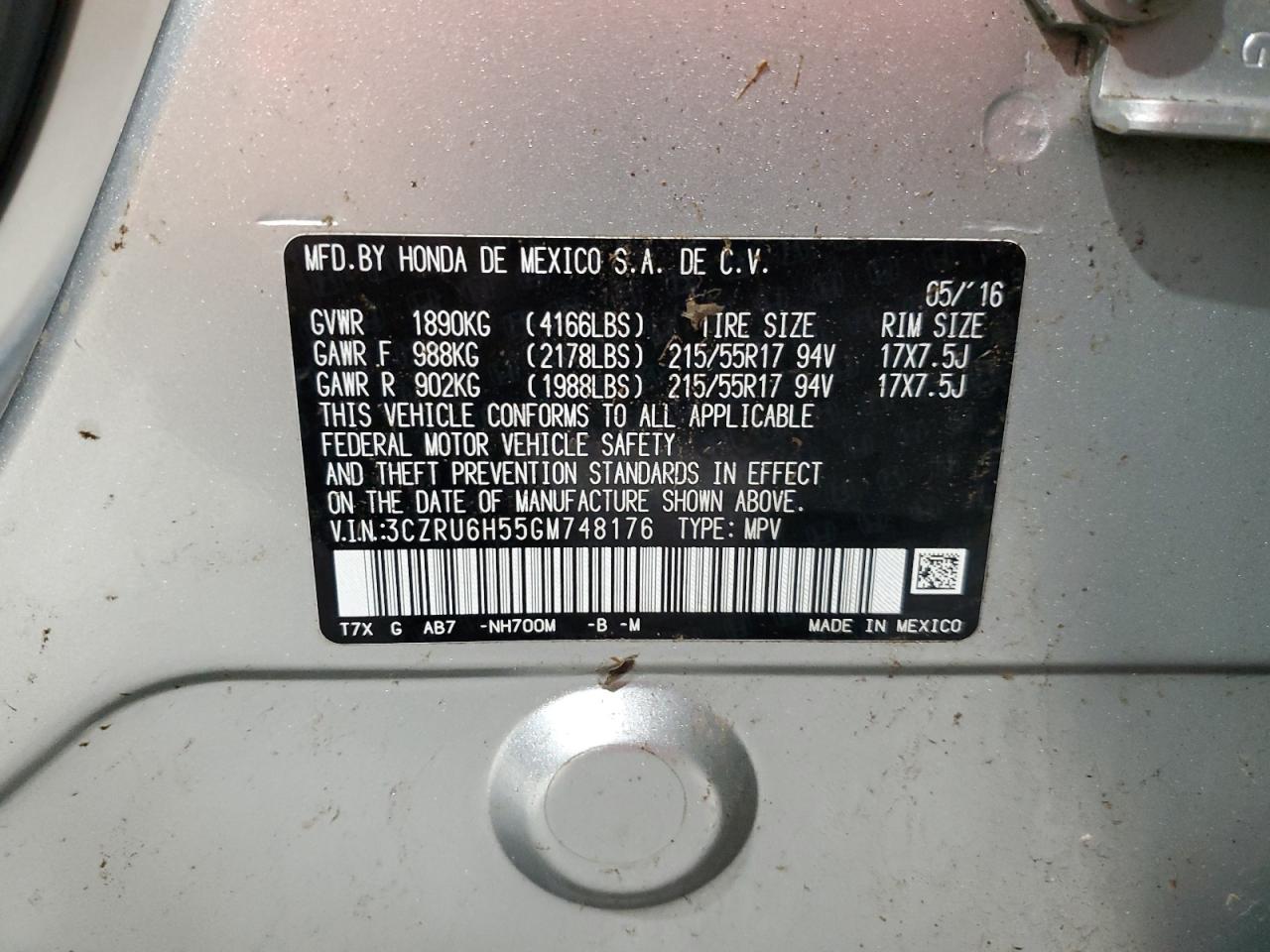 2016 Honda Hr-V Ex VIN: 3CZRU6H55GM748176 Lot: 52267415