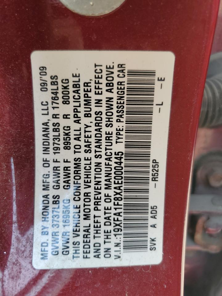 2010 Honda Civic Ex VIN: 19XFA1F8XAE000445 Lot: 55024095