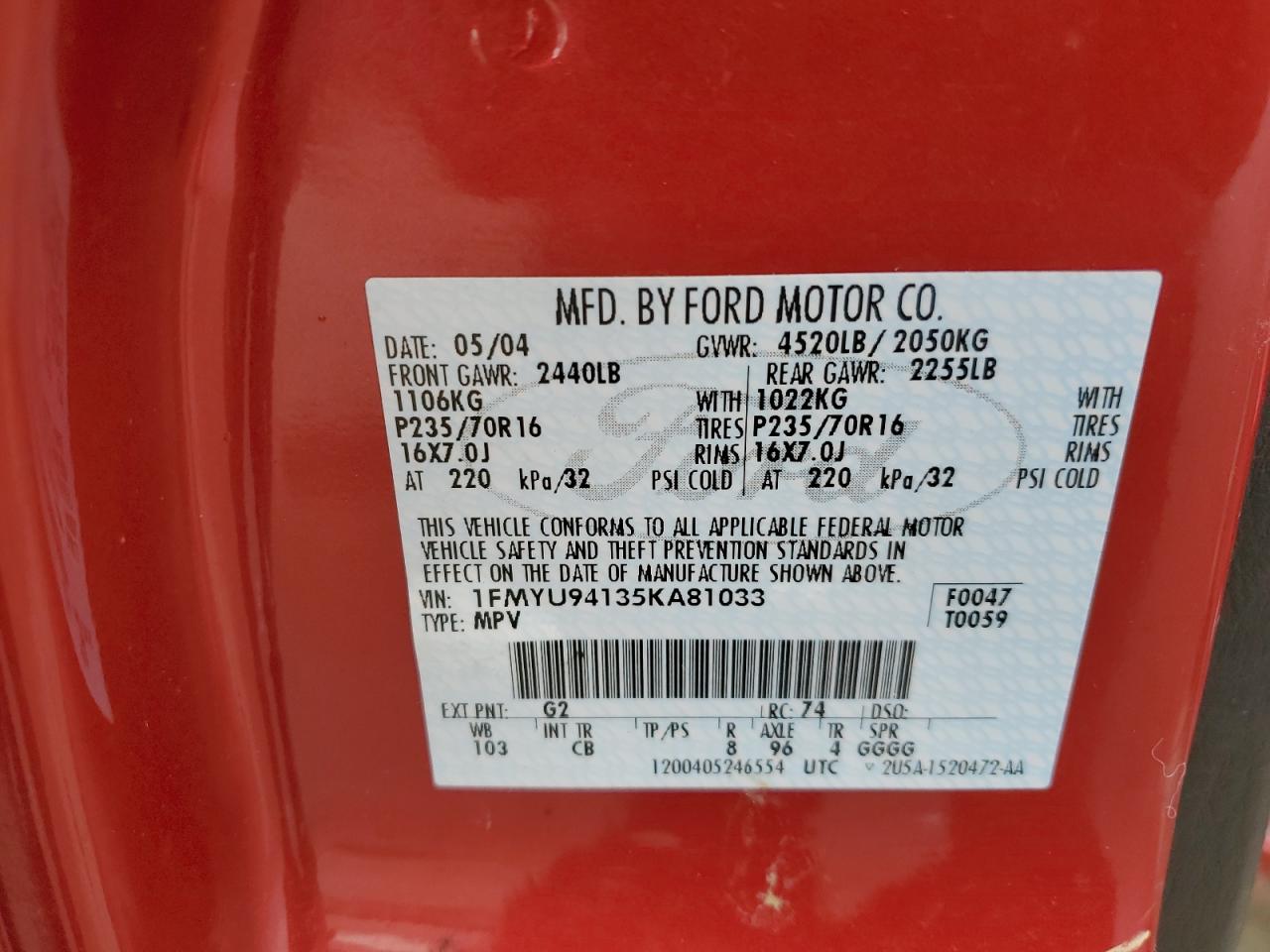 2005 Ford Escape Limited VIN: 1FMYU94135KA81033 Lot: 52740995