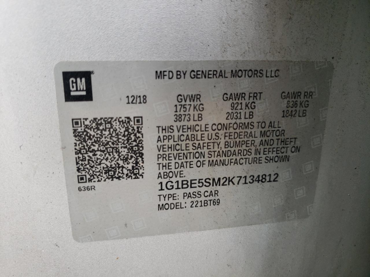 2019 Chevrolet Cruze Lt VIN: 1G1BE5SM2K7134812 Lot: 53984045