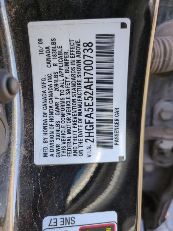 2010 Honda Civic Si VIN: 2HGFA5E52AH700738 Lot: 54329975