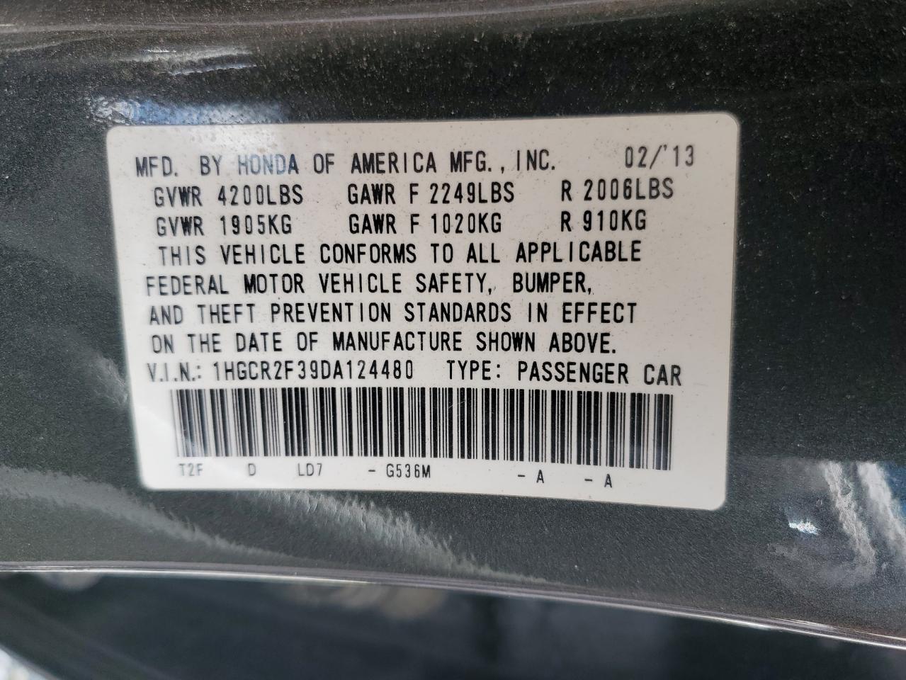 2013 Honda Accord Lx VIN: 1HGCR2F39DA124480 Lot: 53570775