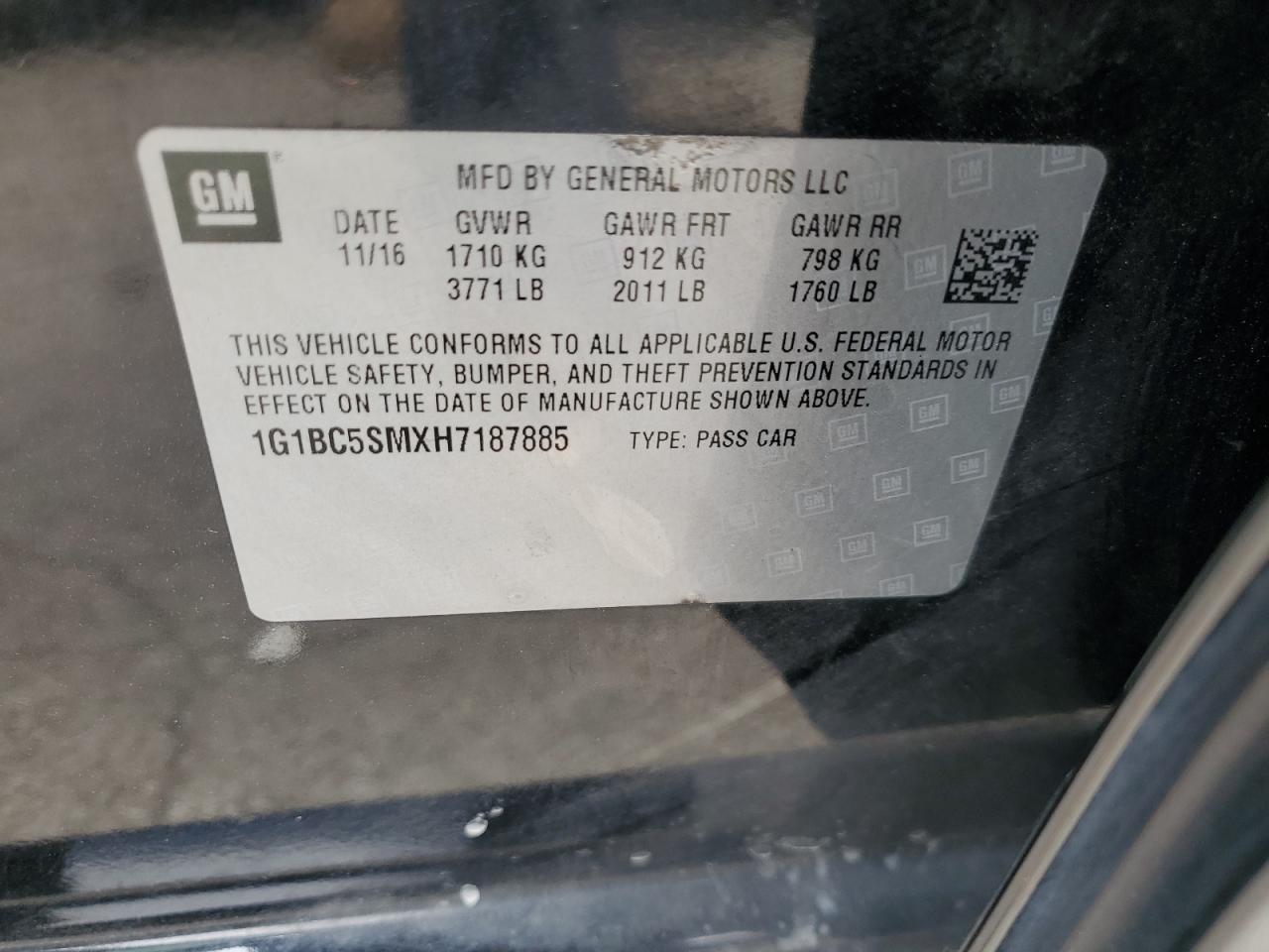 2017 Chevrolet Cruze Ls VIN: 1G1BC5SMXH7187885 Lot: 53556145
