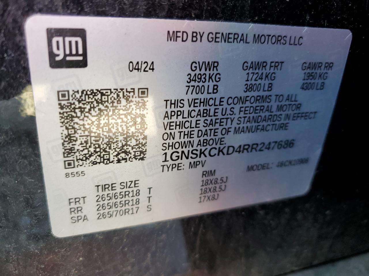 2024 Chevrolet Suburban K1500 Lt VIN: 1GNSKCKD4RR247686 Lot: 54845645