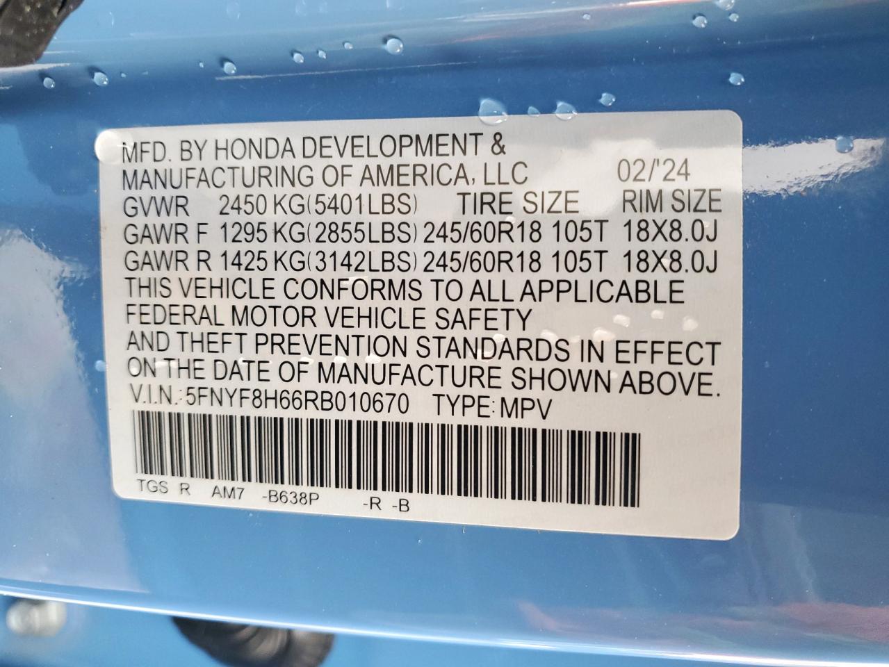 2024 Honda Passport Trail Sport VIN: 5FNYF8H66RB010670 Lot: 49688065