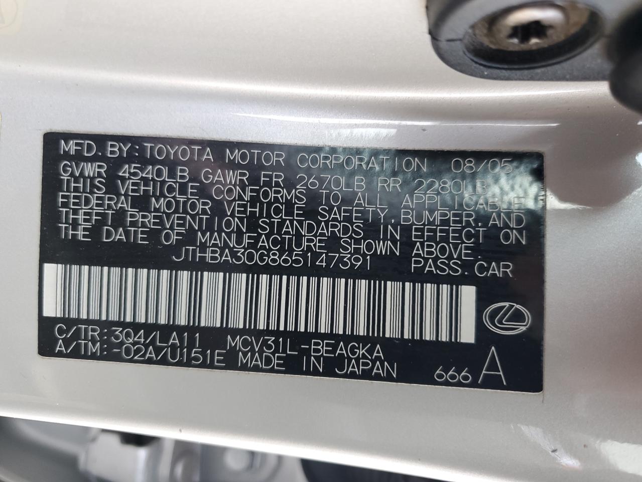 2006 Lexus Es 330 VIN: JTHBA30G865147391 Lot: 53149935