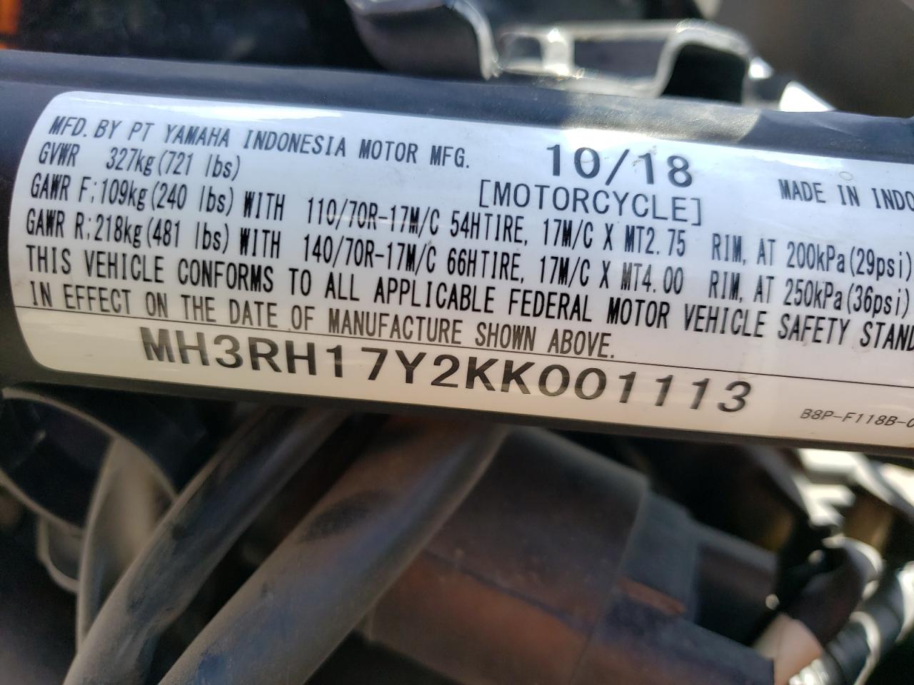 2019 Yamaha Yzfr3 VIN: MH3RH17Y2KK001113 Lot: 54062545