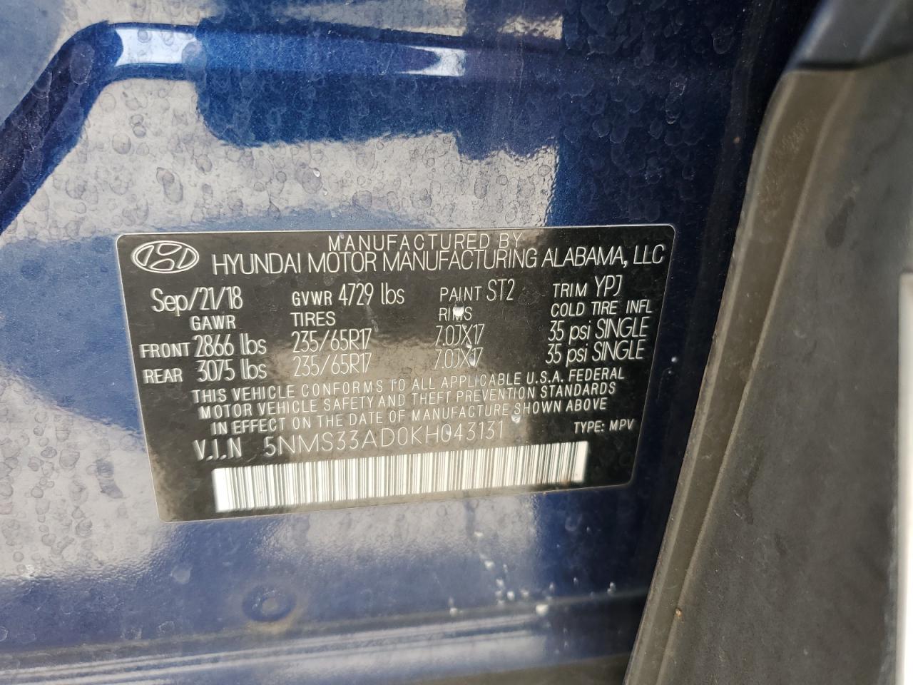 2019 Hyundai Santa Fe Sel VIN: 5NMS33AD0KH043131 Lot: 54219415