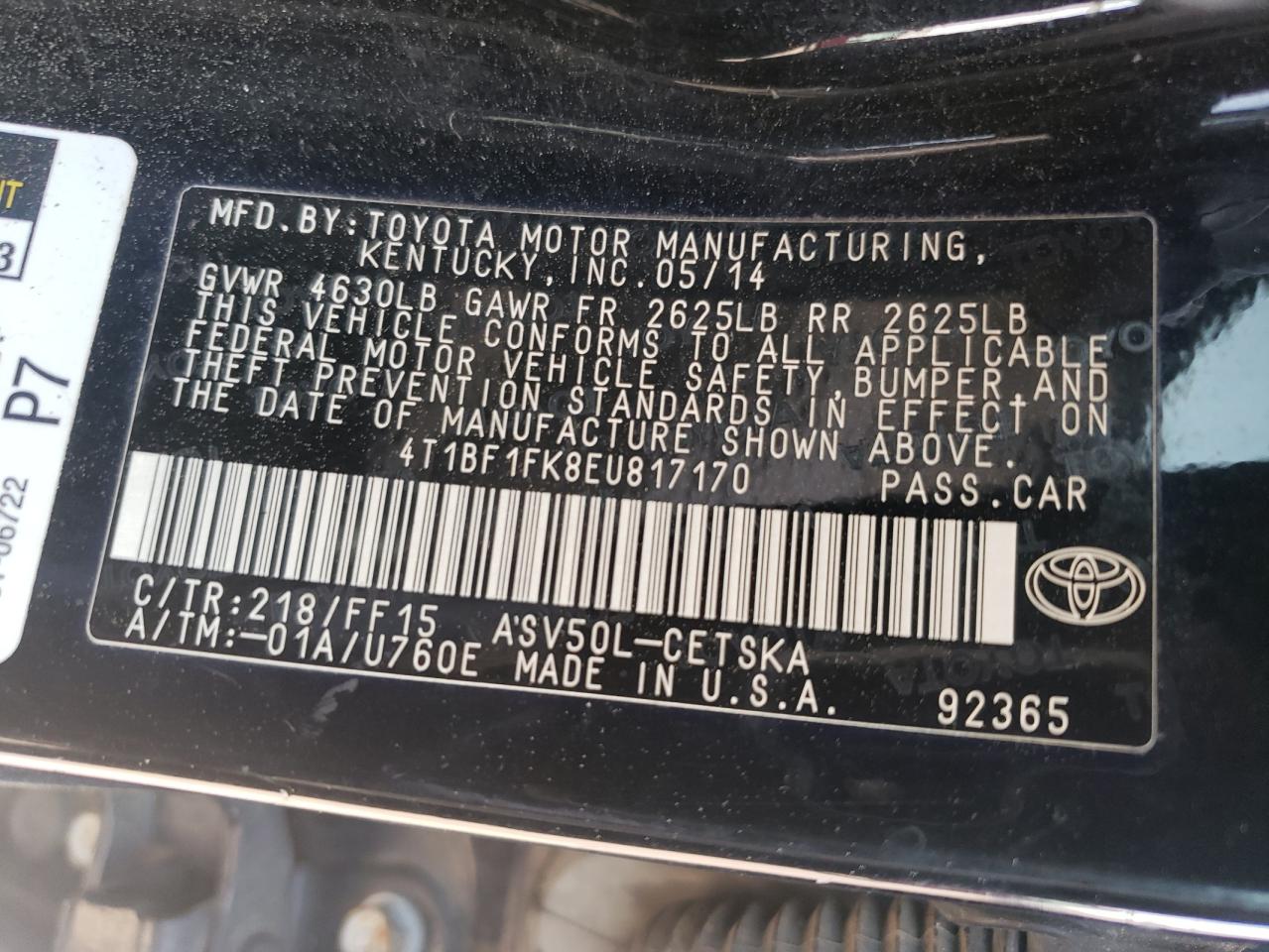 2014 Toyota Camry L VIN: 4T1BF1FK8EU817170 Lot: 53646975