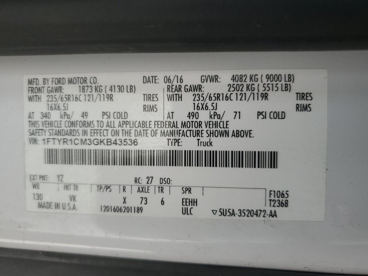 2016 Ford Transit T-250 VIN: 1FTYR1CM3GKB43536 Lot: 51615725