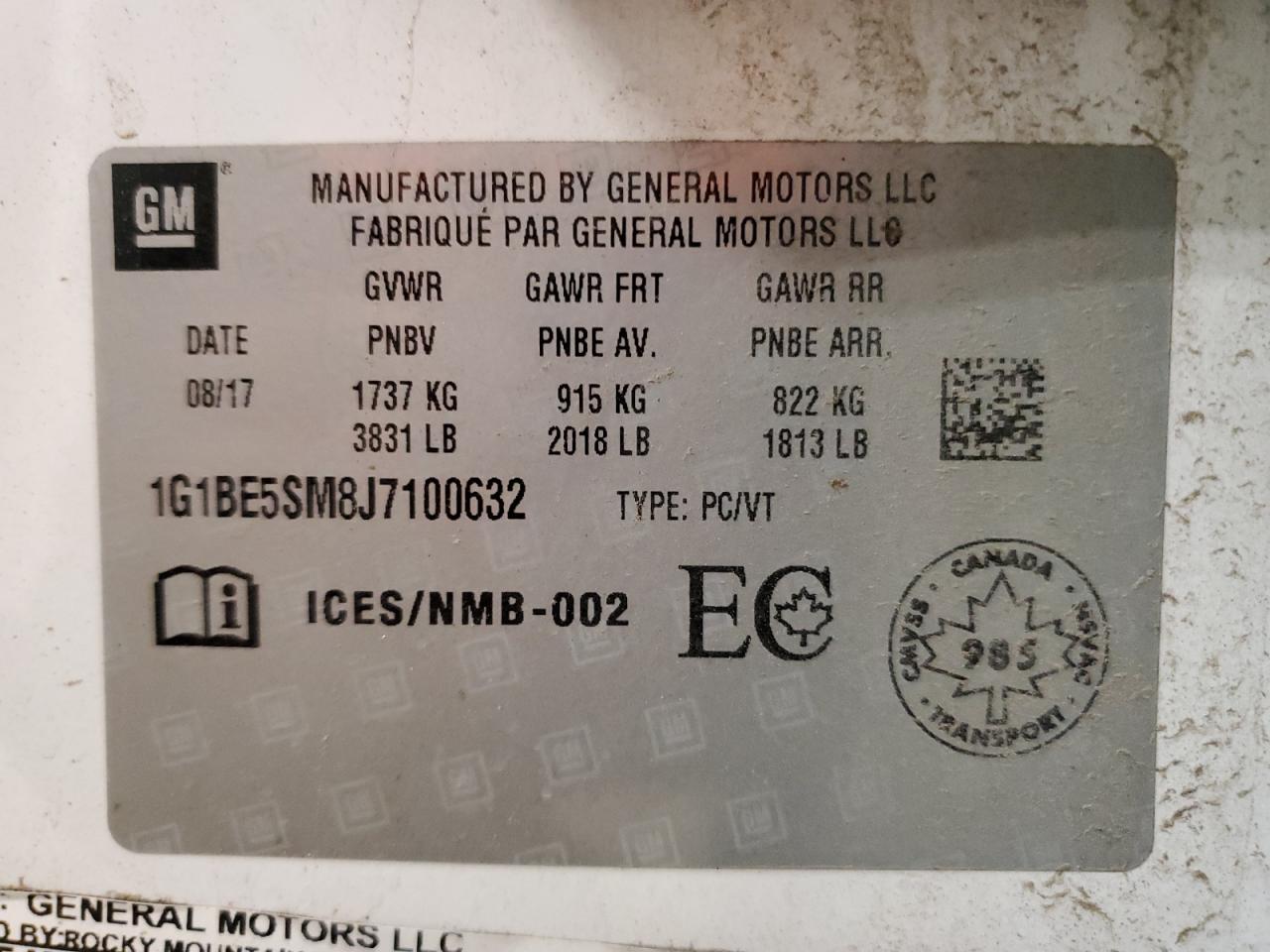 2018 Chevrolet Cruze Lt VIN: 1G1BE5SM8J7100632 Lot: 54076115