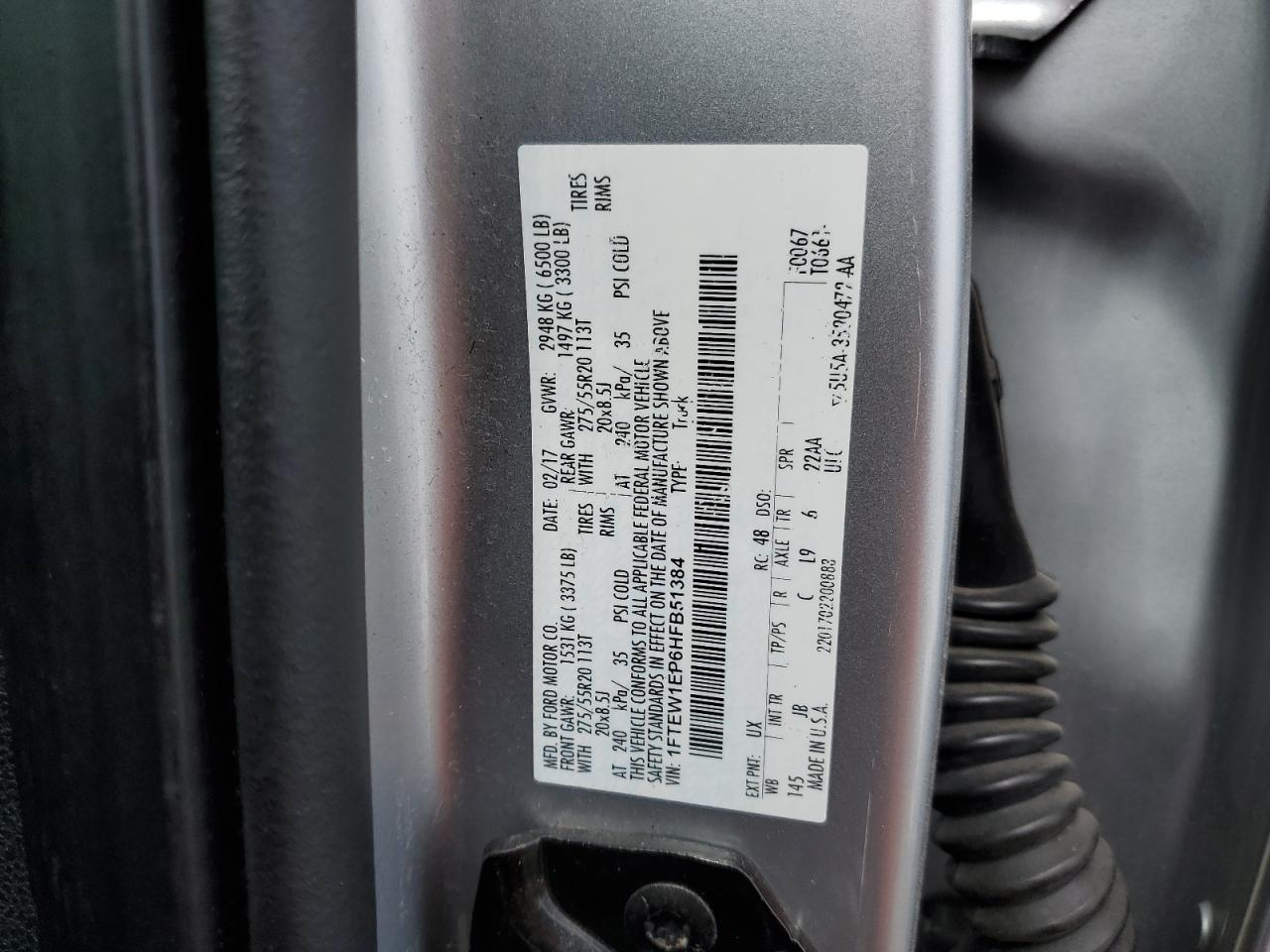 2017 Ford F150 Supercrew VIN: 1FTEW1EP6HFB51384 Lot: 54514665
